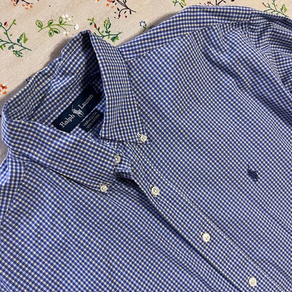 VTG Ralph Lauren Button Down Shirt Checker Blue Men 16.5 Yarmouth Cotton Oxford - Picture 3 of 4